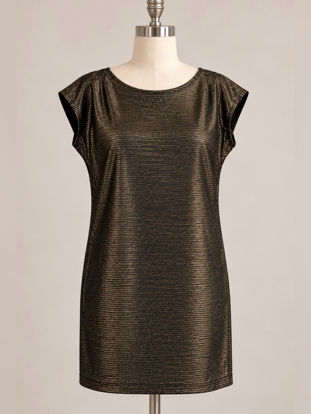 Addison Black & Gold Metallic Textured Shift Dress | Size M Night Out Cocktail